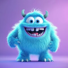 Cute and furry blue monster with good character, Big eyes and smile. studio render quality. Cartoon style.

