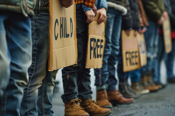 A line of protesters holding hands and "CHILD FREE" signs demanding workplace equality.