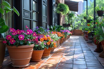 Terraza con macetas llenas de flores. 