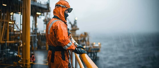 An offshore worker wearing orange protective safety gear stands on a platform in the rain. The worker is observing the ocean and platform equipment while ensuring safety measures.