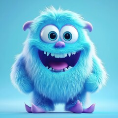 Fototapeta premium Cute and furry blue monster with good character, Big eyes and smile. studio render quality. Cartoon style. 