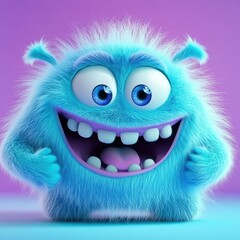 Cute and furry blue monster with good character, Big eyes and smile. studio render quality. Cartoon style.
