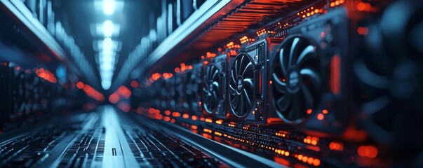 Cryptocurrency mining, futuristic mining rigs in a digital cave, 3D illustration