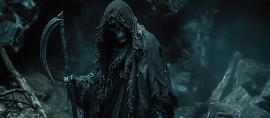 Obraz premium Eerie depiction of a grim reaper in dark and haunting forest, holding a scythe. Perfect for Halloween themes and gothic atmosphere.