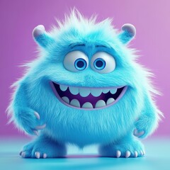 Cute and furry blue monster with good character, Big eyes and smile. studio render quality. Cartoon style.
