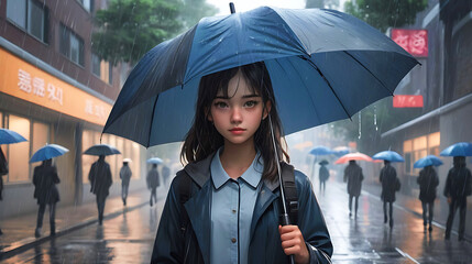 Portrait of a Girl Protecting Herself with Umbrella on a road during rain shower