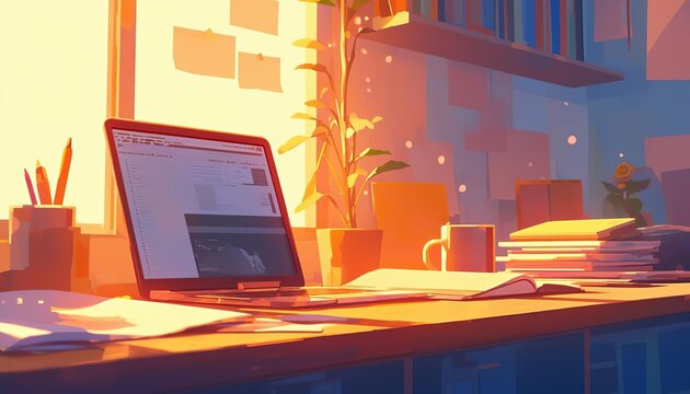 A cozy workspace bathed in warm sunlight, featuring a laptop, plants, and organized books, perfect for productivity and inspiration.