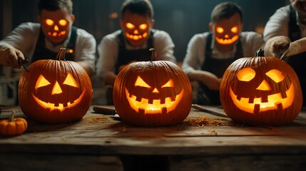 Group carving jack-o'-lanterns for Halloween celebration

