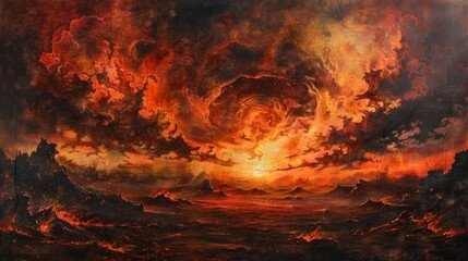 Amazing painting of hell with clouds of fire in the sunset sky and scary landscape.