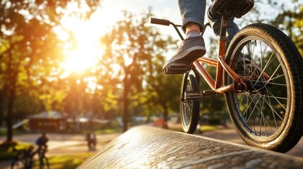 Naklejka premium A BMX rider performing a trick in a sunlit park setting.