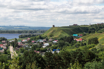 The tower of an ancient Bulgarian fortress on a high cliff on the banks of the Kama River, Elabuga, Tatarstan, Russian Federation