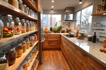 Cocina larga y soleada con una gran dispensa de productos ordenador en botes de cristal sobre estanterías de madera. 