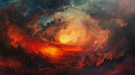 Amazing painting of hell with clouds of fire in the sunset sky and scary landscape.