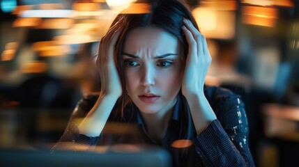 Stressed businesswoman facing challenging deadline amidst blurred office lights