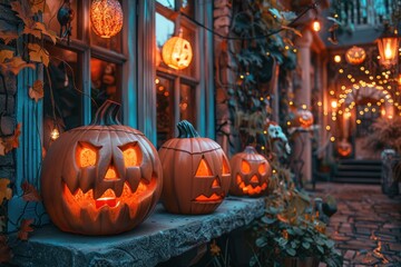 Fototapeta premium Exterior de la casa decorado con calabazas con cara recortada en forma de ojos y boca maléficos. Decoración de Halloween. Recurso gráfico, fondo