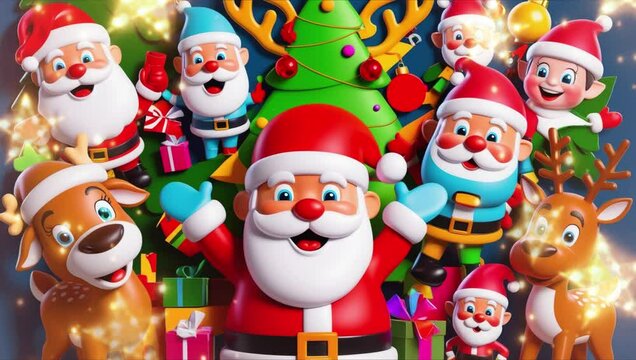 Festive Cartoon Scene with Joyful Elves and Holiday Lights