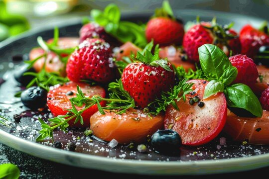 Plato de comida saludable. Ensalada con salm&oacute;n, tomate, fresa y hierbas arom&aacute;ticas. Comida y alimentaci&oacute;n.