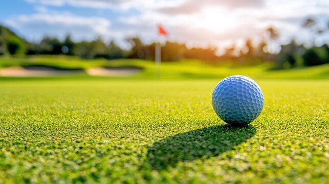 A close-up of a golf ball on a green course with a flag in the background.