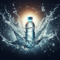 Splash of clear water with pet water bottle in the middle.
