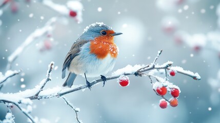 Robin Perched on a Snowy Branch