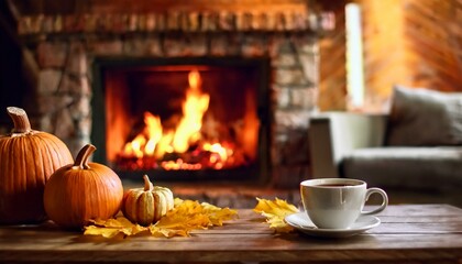 Cozy autumn. burning fireplace with pumpkins and table with cup of tea. Fall in living room footage. Pet and autumn season. Thanksgiving and Halloween