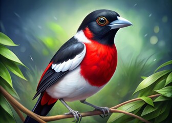 Fototapeta premium A striking bird species illustration highlights endangered wildlife conservation efforts with black red and white hues, evoking environmental awareness among birdwatching enthusiasts.