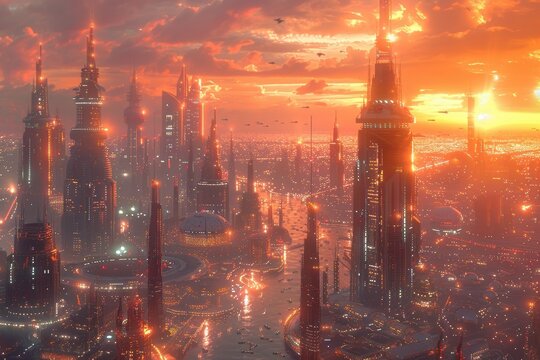 Ciudad con edificios rascacielos. Ciudad futurista iluminada al amanecer. 