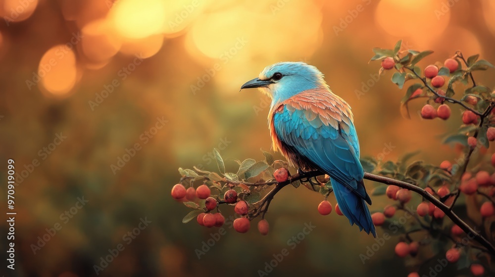 Sticker a vibrant blue roller bird perched on a branch