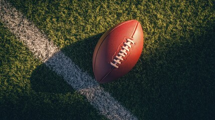 Obraz premium A close-up of a football resting on a grassy field, highlighting sports equipment.