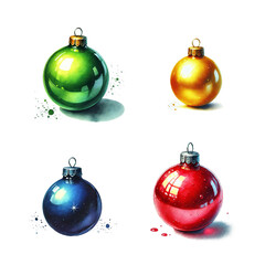 watercolor Christmas red, green, yellow, blue balls on isolated white background