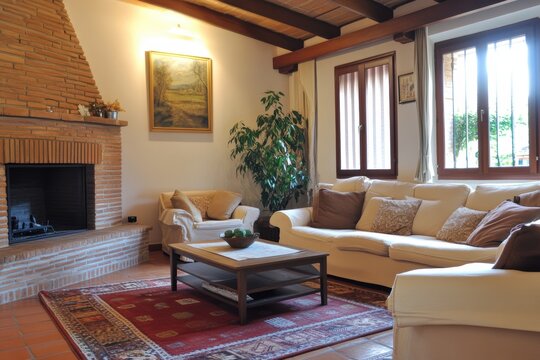 Comedor con sof&aacute; grande y chimenea de ladrillos. Vivienda amplia y luminosa. Recurso gr&aacute;fico, fondo.