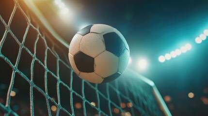 Obraz premium A soccer ball is flying towards the goal net in a stadium during a match.