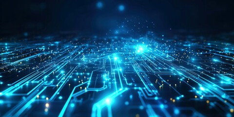 circuit board lines glowing on a blue background, creating a tech-inspired, dynamic design with a modern and high-tech feel.