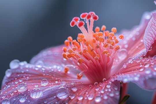 Flor rosa con el roc&iacute;o. Anteras de una flor rosa. Partes de flor, jardiner&iacute;a y bot&aacute;nica. 