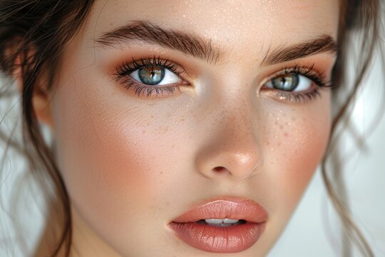 Mujer pintada mirando a la c&aacute;mara fijamente con sus ojos verdes. Maquillaje delicado en la cara de una j&oacute;ven. Recurso gr&aacute;fico, fondo.