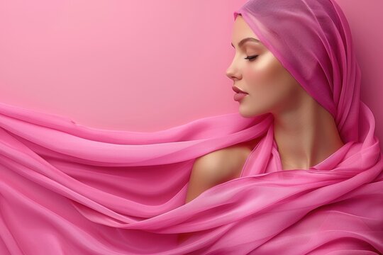 Mujer vestida con velo rosa posando para la c&aacute;mara. Modelaje y maquillaje. Recurso gr&aacute;fico, fondo.