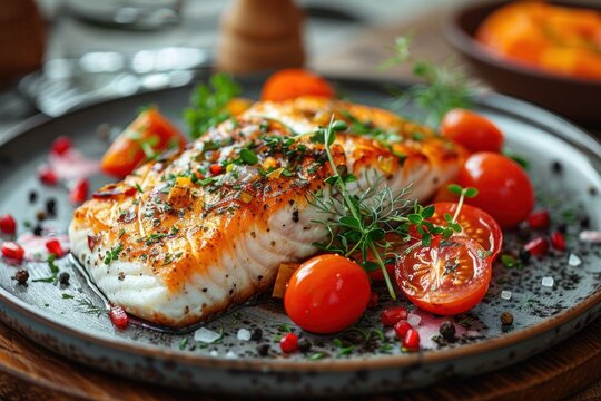 Trozo de pescado en un plato servido con tomates cherry y especias. Plato acabado de un restaurante. Comida y alimentaci&oacute;n. Restauraci&oacute;n deliciosa.