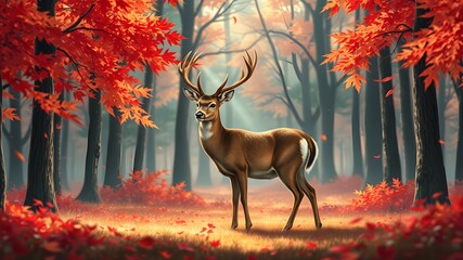 Illustration of a deer standing in the middle of an autumn forest with red leaves
