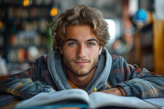 Chico joven estudiando en la biblioteca delante de un libro. Estudio y aprendizaje en la universidad. Clavar codos para aprender.