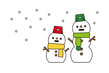かわいい2つの雪だるまの線画イラスト、雪が降る背景と大小の雪だるまのクリップアート