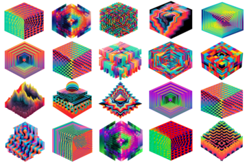 PNG abstract psychedelic cubic shape set, transparent background