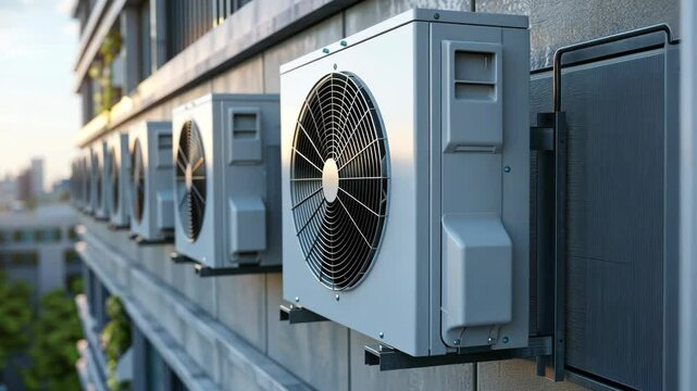Installation of air conditioning units on a modern building facade in a city during the summer
