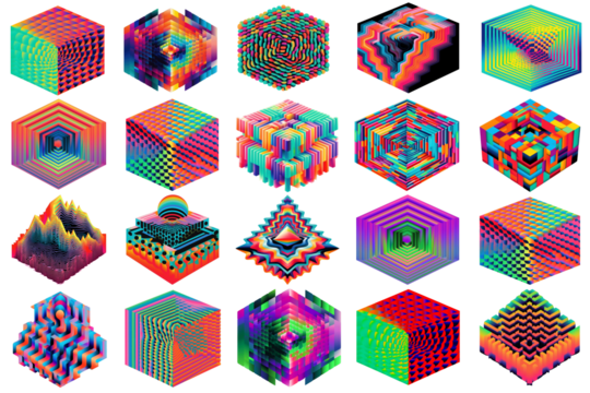 PNG abstract psychedelic cubic shape set, transparent background