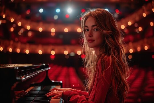 Mujer pianista en una sala de conciertos con las manos en el piano mirando a la c&aacute;mara. Concierto en un teatro con asientos rojos. 