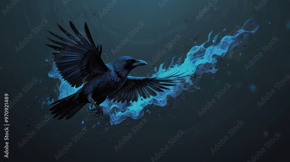 Canvas Prints Raven in Flight with Blue Flames