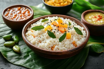 Delicious bowl of rice with vegetables served alongside traditional Indian curries on a banana leaf