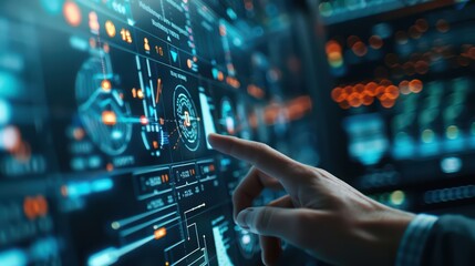 A close-up view of a hand interacting with a futuristic digital display showcasing data and analytics.