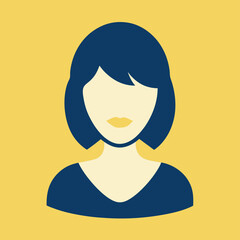 A woman's face with a blue hair and a yellow background