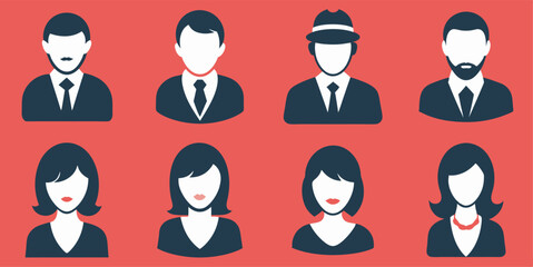 A set of eight different faces, all of which are wearing ties