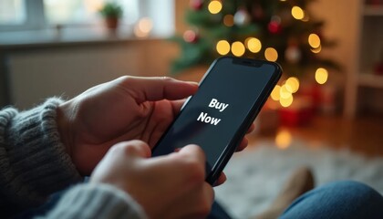 Finger about to tap "Buy Now" button on phone, holiday décor in background. Finger ready to click "Buy Now" during festive holiday shopping in a cozy setting.